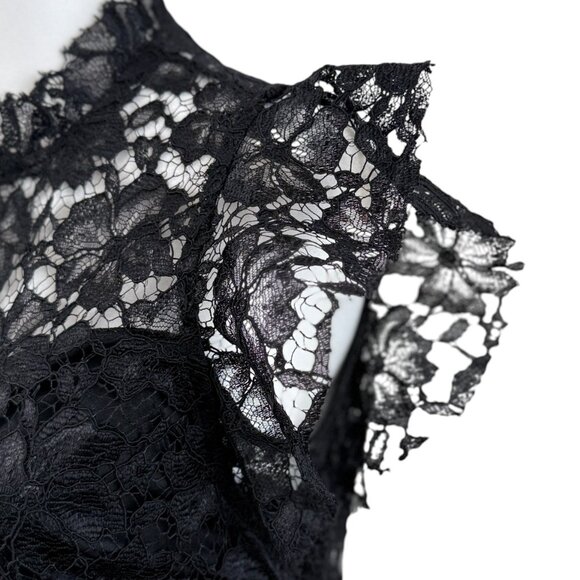 Enfocus Studio Black Floral Lace Cocktail Dress – Sheer Neckline & Ruffle Sleeve - Picture 4 of 8